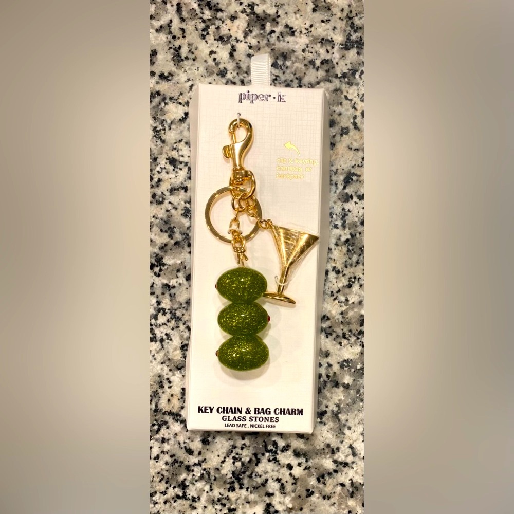 Piper K Olive Martini Bag Charm Key Chain Glass Stones